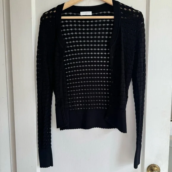 Sandro Viana Noir Lightweight Pointelle Button Up Scallop Edge Cardigan Sweater - Picture 4 of 12